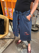 Denim Colored Linen with tie belt, customized details contrasting plackets and red buttons, clustered bead-lined pocket