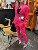Show stopping, rock star Pretty in Pink Psychedelic Furs Hot Pink Suit with original artwork stitched in and Album name accent, Isn't She and Talk Talk