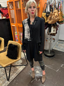 Punk meets bondage long Matrix style black double button light coat, Tattooed Marilyn insert front , buckled bondage straps