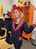 Punk Unisex Jacket - Red Tartan Upcycled Statement Piece with Lettering & Pins