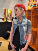 Fitted Silver Painted Floral Accent Denim Vest - Punk Artwear Statement
