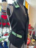 Black Punk Waistcoat with Green & White Stripe Detail - Tailored Upcycled Vest - Reckless Swagger