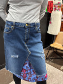 Floral-Lined Distressed Denim Skirt - Upcycled Grunge Romance