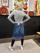 Floral-Lined Distressed Denim Skirt - Upcycled Grunge Romance