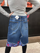 Floral-Lined Distressed Denim Skirt - Upcycled Grunge Romance