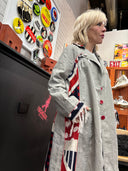 Distressed Grey Punk Coat - Red-Blue Fringe & Pink Lining