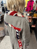 Distressed Grey Punk Coat - Red-Blue Fringe & Pink Lining