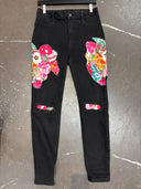 Black Denim Floral with Patch Knees