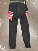 Black Denim Floral with Patch Knees