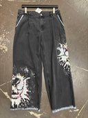 Black Denim Pleated Trousers w/Silver Skulls