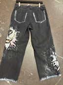 Black Denim Pleated Trousers w/Silver Skulls
