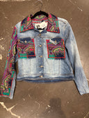 Denim Jean Jacket with Colorful Paisley Scarf Inserts