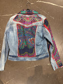 Denim Jean Jacket with Colorful Paisley Scarf Inserts