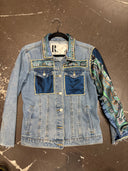 Denim Jean Jacket with Green & Blue Silk Scarf Inserts