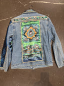 Denim Jean Jacket with Green & Blue Silk Scarf Inserts