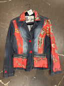 Denim Jean Blazer Jacket with Red Paisley Silk Scarf Inserts & Rhinestones