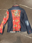 Denim Jean Blazer Jacket with Red Paisley Silk Scarf Inserts & Rhinestones