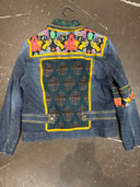 White Lotus Style Denim Jacket w Silk Scarf Inserts Elephant Thai