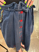Denim Colored Linen with tie belt, customized details contrasting plackets and red buttons, clustered bead-lined pocket