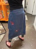Denim Colored Linen with tie belt, customized details contrasting plackets and red buttons, clustered bead-lined pocket
