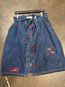 Denim Colored Linen with tie belt, customized details contrasting plackets and red buttons, clustered bead-lined pocket