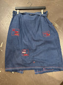 Denim Colored Linen with tie belt, customized details contrasting plackets and red buttons, clustered bead-lined pocket