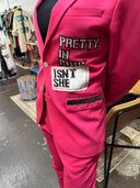 Show stopping, rock star Pretty in Pink Psychedelic Furs Hot Pink Suit with original artwork stitched in and Album name accent, Isn't She and Talk Talk