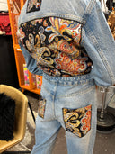 Stand out in this one of kind custom Paisley Stone Washed beautifully crafted Denim Jeans overall mechanic suit