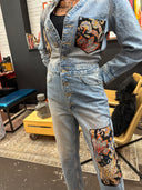 Stand out in this one of kind custom Paisley Stone Washed beautifully crafted Denim Jeans overall mechanic suit