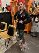 Custom pinstriped blazer, hand painted anarchy and punk gal, metallic oversized safety pin, delicate highlights on pockets