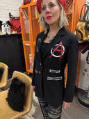Custom pinstriped blazer, hand painted anarchy and punk gal, metallic oversized safety pin, delicate highlights on pockets