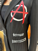 Custom pinstriped blazer, hand painted anarchy and punk gal, metallic oversized safety pin, delicate highlights on pockets