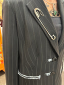 Custom pinstriped blazer, hand painted anarchy and punk gal, metallic oversized safety pin, delicate highlights on pockets