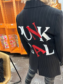 Custom pinstriped blazer, hand painted anarchy and punk gal, metallic oversized safety pin, delicate highlights on pockets