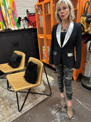 Classic twist on black Tux smoking jacket with silver foil placket and pocket