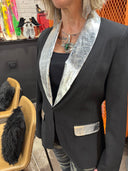 Classic twist on black Tux smoking jacket with silver foil placket and pocket