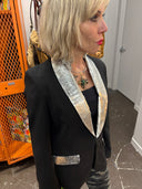 Classic twist on black Tux smoking jacket with silver foil placket and pocket