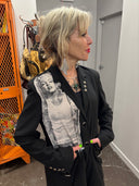 Punk meets bondage long Matrix style black double button light coat, Tattooed Marilyn insert front , buckled bondage straps