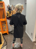 Punk meets bondage long Matrix style black double button light coat, Tattooed Marilyn insert front , buckled bondage straps