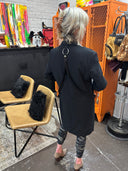 Punk meets bondage long Matrix style black double button light coat, Tattooed Marilyn insert front , buckled bondage straps