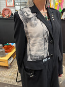 Punk meets bondage long Matrix style black double button light coat, Tattooed Marilyn insert front , buckled bondage straps