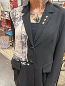 Punk meets bondage long Matrix style black double button light coat, Tattooed Marilyn insert front , buckled bondage straps
