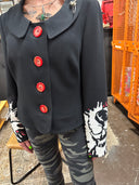 Classic meets punk with this Peter Pan collar Jacket, painted skulls sleeves and back, red accent and buttons