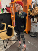 Structured classic Cotton high quality blazer with Green tartan detailing on pockets and placket, punk kilt pin adornment
