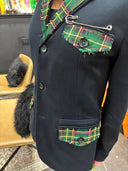 Structured classic Cotton high quality blazer with Green tartan detailing on pockets and placket, punk kilt pin adornment