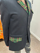 Structured classic Cotton high quality blazer with Green tartan detailing on pockets and placket, punk kilt pin adornment