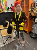 One of kind creation that will make you stand out in this brown corduroy campus jacket with red plaid accent, red buttons & stitching celadon yellow felted wool cuffs and plackets
