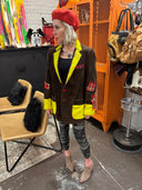 One of kind creation that will make you stand out in this brown corduroy campus jacket with red plaid accent, red buttons & stitching celadon yellow felted wool cuffs and plackets