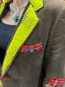 One of kind creation that will make you stand out in this brown corduroy campus jacket with red plaid accent, red buttons & stitching celadon yellow felted wool cuffs and plackets