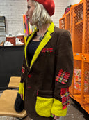 One of kind creation that will make you stand out in this brown corduroy campus jacket with red plaid accent, red buttons & stitching celadon yellow felted wool cuffs and plackets